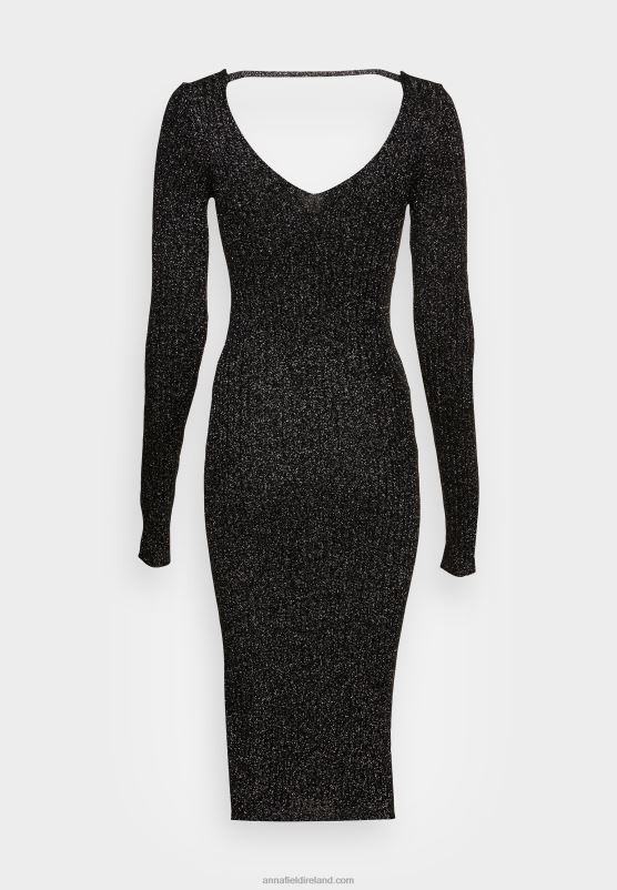 Z62T197 Women Anna Field Lurex V-Ausschnitt Midi Strickkleid Shift Dress Black - Image 2