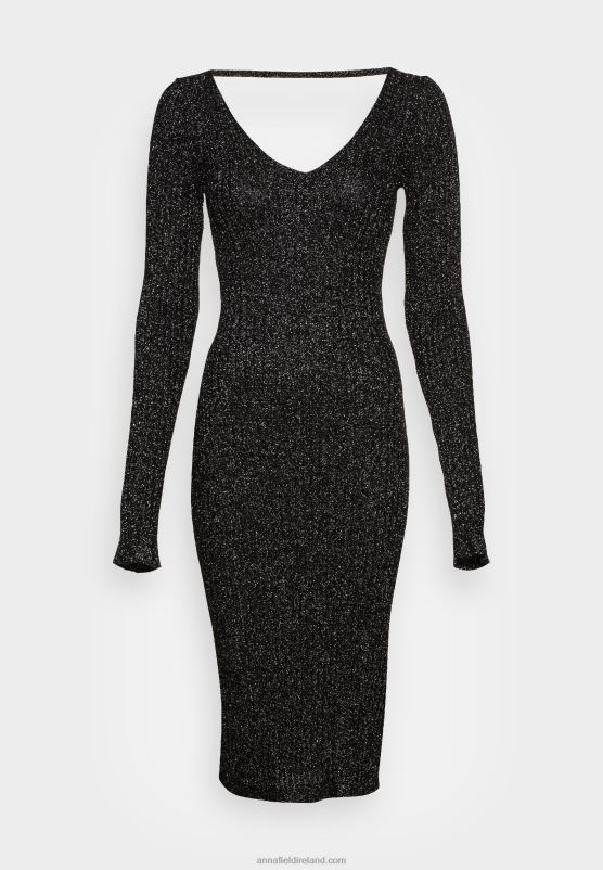 Z62T197 Women Anna Field Lurex V-Ausschnitt Midi Strickkleid Shift Dress Black - Image 1