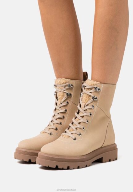 Z62T2034 Women Anna Field Leather Platform Ankle Boots Beige