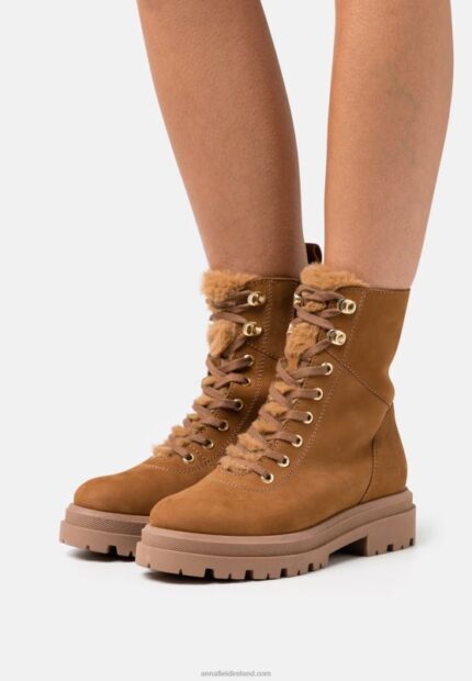 Z62T2037 Women Anna Field Leather Platform Ankle Boots Cognac