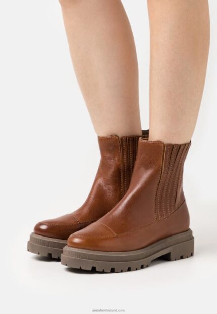 Z62T2056 Women Anna Field Leather Platform Ankle Boots Cognac