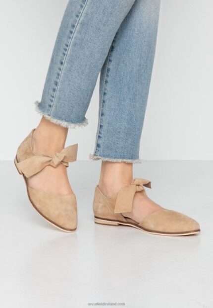 Z62T2162 Women Anna Field Leather Ankle Strap Ballet Pumps Beige