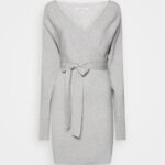 Z62T216 Women Anna Field Wrap V Ausschnitt Mini Strickkleid Mit GRtel Shift Dress Mottled Grey