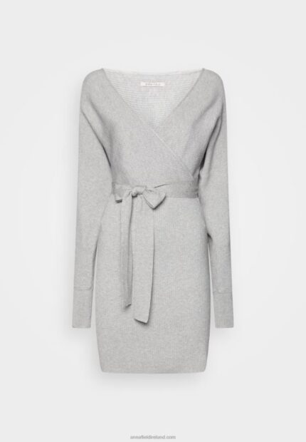 Z62T216 Women Anna Field Wrap V Ausschnitt Mini Strickkleid Mit GRtel Shift Dress Mottled Grey