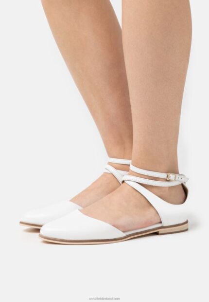 Z62T2180 Women Anna Field Leather Ankle Strap Ballet Pumps White