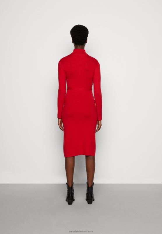 Z62T232 Women Anna Field Rollkragen Ripp Mini Strickkleid Mit GRtel Jumper Dress Red - Image 3