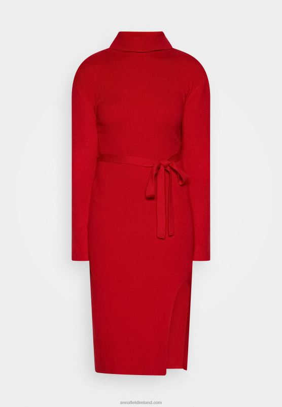 Z62T232 Women Anna Field Rollkragen Ripp Mini Strickkleid Mit GRtel Jumper Dress Red - Image 5
