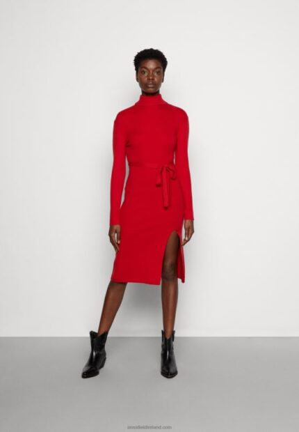 Z62T232 Women Anna Field Rollkragen Ripp Mini Strickkleid Mit GRtel Jumper Dress Red