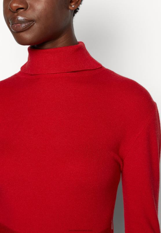 Z62T232 Women Anna Field Rollkragen Ripp Mini Strickkleid Mit GRtel Jumper Dress Red - Image 6
