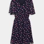 Z62T23 Women Anna Field V-Neck Sleeve Dress Day Dress Dark Blue/Pink