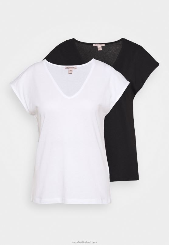 Z62T261 Women Anna Field Basic V Neck Drop Shoulder 2 Pack Basic T-Shirt Black/White - Image 5