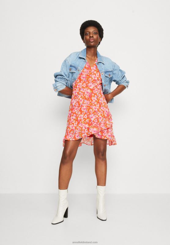 Z62T10 Women Anna Field Volant Short Dress Day Dress Red/Multicoloured