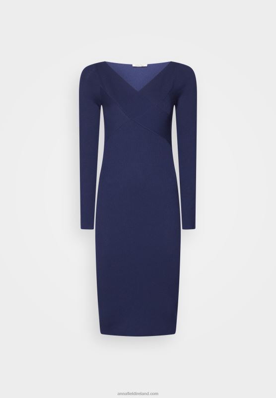 Z62T214 Women Anna Field V Ausschnitt Bodycon Midi Strickkleid Shift Dress Dark Blue