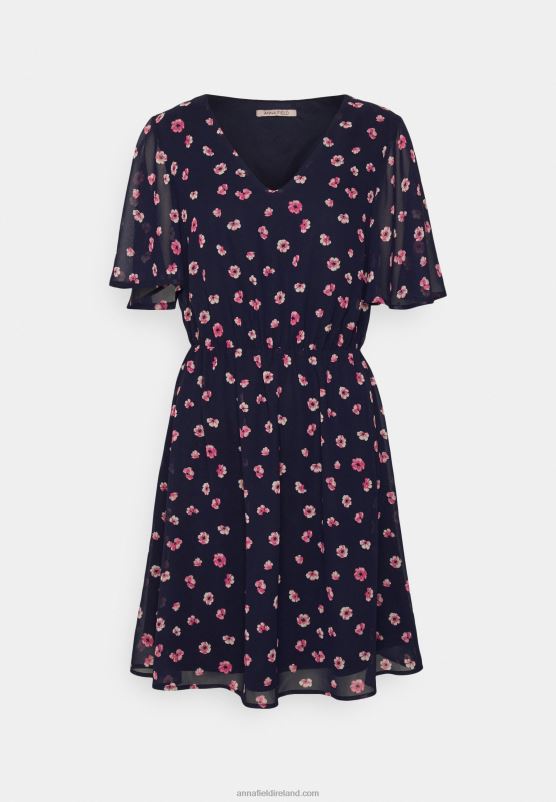 Z62T23 Women Anna Field V-Neck Sleeve Dress Day Dress Dark Blue/Pink