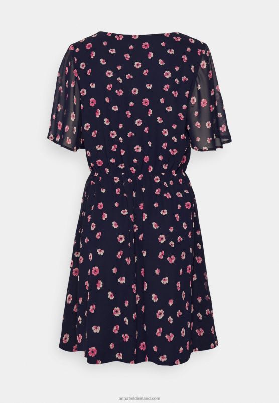Z62T23 Women Anna Field V-Neck Sleeve Dress Day Dress Dark Blue/Pink