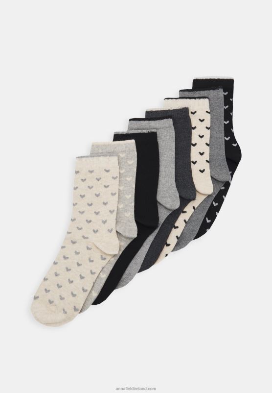 Z62T1139 Women Anna Field Heart Ankle 8 Pack Socks Black/Grey