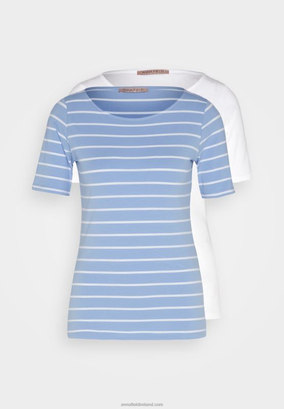 Z62T292 Women Anna Field Print T-Shirt Light Blue/White