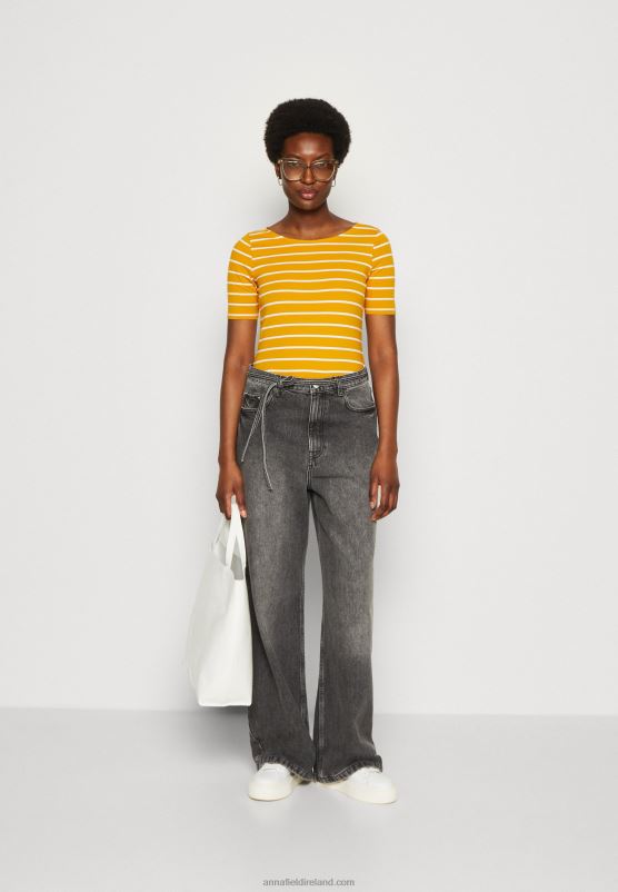 Z62T295 Women Anna Field Print T-Shirt Dark Yellow/White