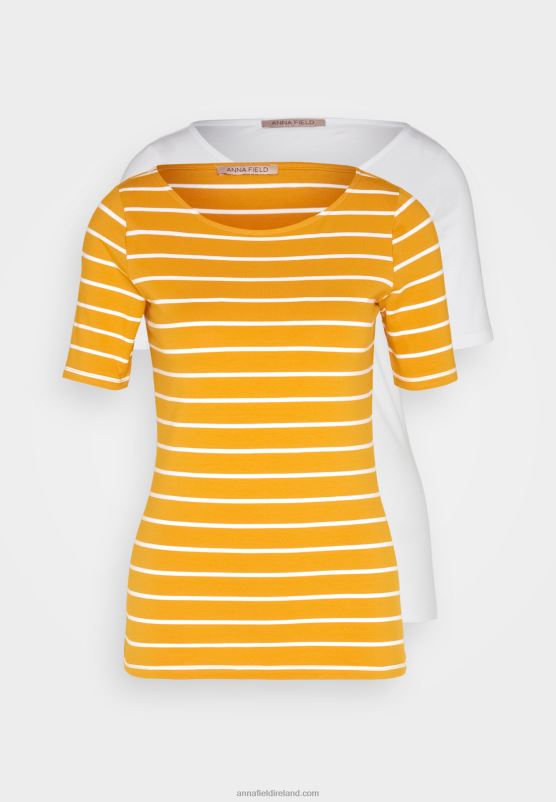 Z62T295 Women Anna Field Print T-Shirt Dark Yellow/White
