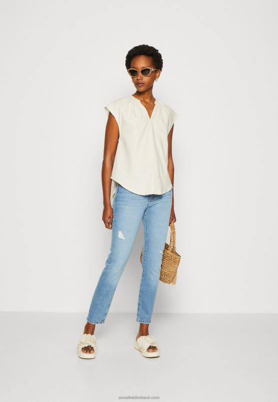 Z62T336 Women Anna Field Linen-Mix Shirt Print T-Shirt Beige