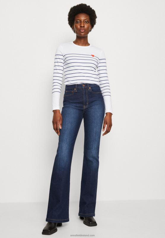 Z62T590 Women Anna Field Long Sleeved Top White/Dark Blue