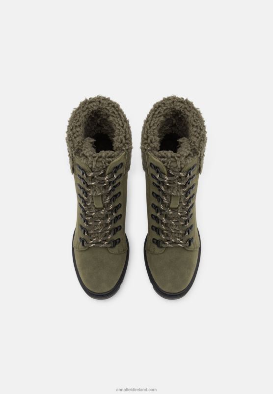 Z62T2017 Women Anna Field Leather Lace-Up Ankle Boots Khaki