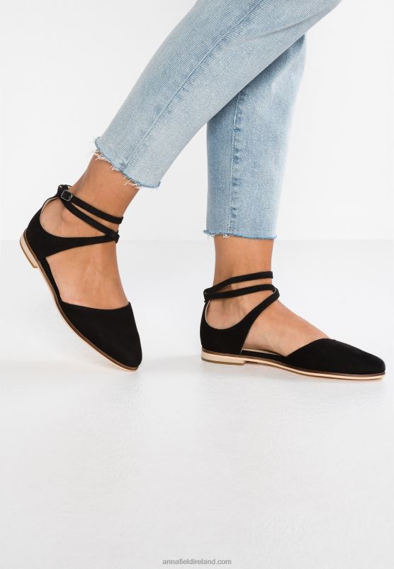 Z62T2156 Women Anna Field Leather Ankle Strap Ballet Pumps Black