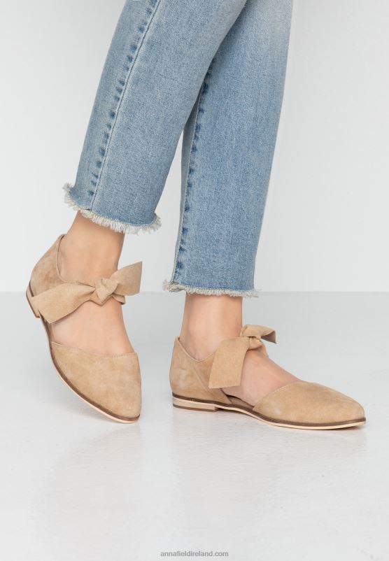 Z62T2162 Women Anna Field Leather Ankle Strap Ballet Pumps Beige