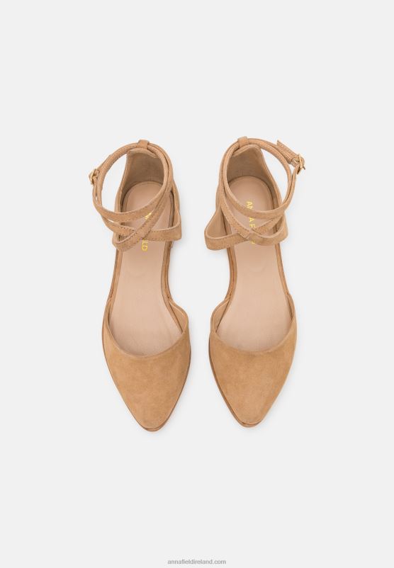 Z62T2170 Women Anna Field Leather Ankle Strap Ballet Pumps Beige